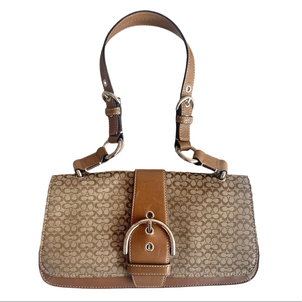 COACH Mini Signature 7075 Beige Leather Canvas Flap Shoulder Bag Authentic